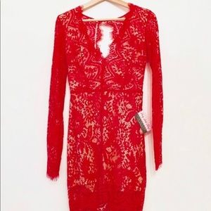 Red Lace Long Sleeve Cocktail Dress